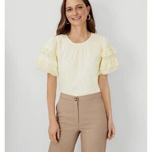 Ann Taylor Pastel Yellow Blouse Top XXL Ruffled Sleeves Crew Neck Cotton Blend